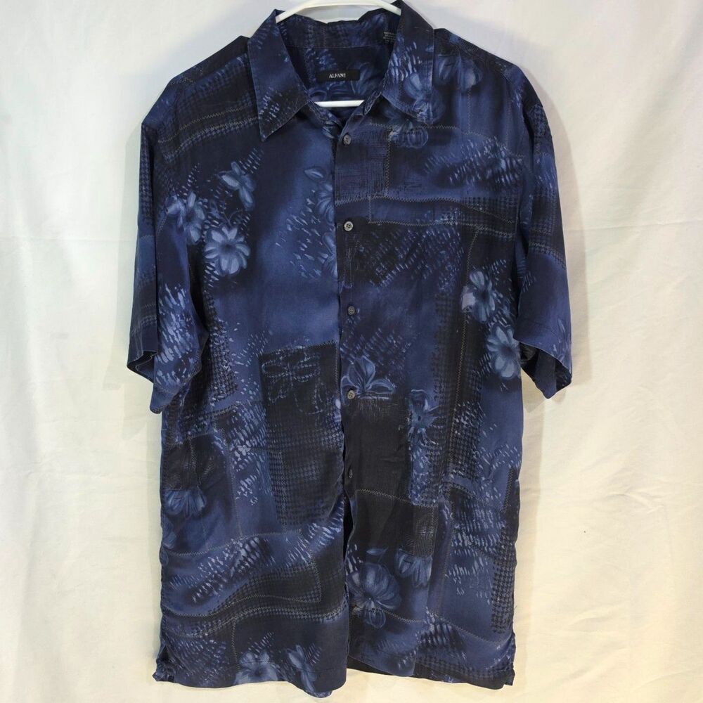 Alfani 100% Silk Camp Shirt Mens Large Blue Abstract Floral Patchwork Short Slv